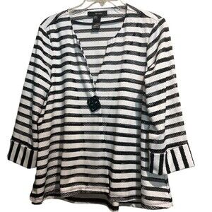 Ali Miles Women’s Top 3/4 Sleeve Sheer Black/White One Button Large Petite